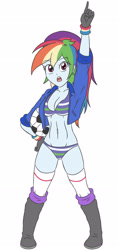 Size: 1393x2952 | Tagged: safe, artist:sumin6301, imported from derpibooru, rainbow dash, human, equestria girls, belly button, breasts, busty rainbow dash, clothes, female, football, gloves, high res, jacket, open mouth, pointing, simple background, solo, sports, white background