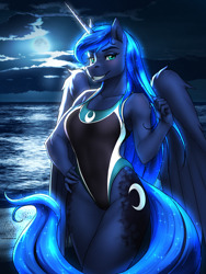 Size: 4500x6000 | Tagged: safe, artist:mykegreywolf, imported from derpibooru, princess luna, alicorn, anthro, beach, bedroom eyes, breasts, clothes, female, hand on hip, high-cut clothing, horn, leotard, looking at you, moon, moonlight, night, one-piece swimsuit, reasonably sized breasts, solo, stupid sexy princess luna, swimsuit, wings