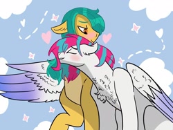 Size: 2160x1620 | Tagged: safe, artist:pinku.piccolo, imported from derpibooru, hitch trailblazer, zipp storm, earth pony, pegasus, pony, affection, alternate hairstyle, blushing, chest fluff, duo, duo male and female, eyes closed, female, g5, heart, hitchzipp, hug, male, mare, shipping, smiling, spread wings, stallion, straight, winghug, wings