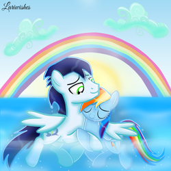 Size: 1300x1300 | Tagged: safe, artist:mlplary6, imported from derpibooru, rainbow dash, soarin', pegasus, pony, cloud, eyes closed, female, holding hooves, hug, male, mare, rainbow, romantic, shipping, sky, smiling, smiling to someone, snuggling, soarindash, stallion, straight, sun, swimming, water, wet, wet mane, winghug, wings