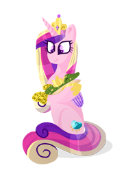 Size: 1019x1409 | Tagged: safe, artist:lindasaurie, derpibooru exclusive, imported from derpibooru, princess cadance, alicorn, fish, pony, animal, crown, eye clipping through hair, female, full body, jewelry, lineless, mare, petting, pike, regalia, simple background, sitting, smiling, transparent background