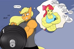 Size: 3931x2599 | Tagged: safe, artist:matchstickman, imported from derpibooru, apple bloom, applejack, anthro, earth pony, abs, apple bloom's bow, apple brawn, apple sisters, applejacked, barbell, biceps, bow, breasts, busty apple bloom, clothes, deltoids, dialogue, duo, female, gritted teeth, grunting, hair bow, mare, matchstickman's apple brawn series, muscles, muscular female, older, older apple bloom, pecs, siblings, sisters, speech bubble, sweat, teeth, thought bubble, weights