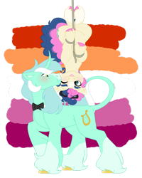 Size: 1280x1600 | Tagged: safe, artist:itstechtock, imported from derpibooru, bon bon, lyra heartstrings, sweetie drops, earth pony, pony, unicorn, bowtie, female, kissing, lesbian, lesbian pride flag, lyrabon, pride, pride flag, shipping, simple background, transparent background, upside down