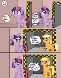 Size: 2548x3244 | Tagged: safe, artist:alyssafire, artist:nightshadowmlp, imported from derpibooru, applejack, twilight sparkle, alicorn, comic:five am at pinkie's: the prequel, comic, dialogue, dilated pupils, hatless, missing accessory, speech bubble, text, twilight sparkle (alicorn)