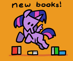Size: 974x821 | Tagged: safe, artist:docwario, imported from derpibooru, twilight sparkle, alicorn, pony, book, bookhorse, chibi, dialogue, flying, looking at something, orange background, simple background, solo, spread wings, that pony sure does love books, twilight sparkle (alicorn), wings