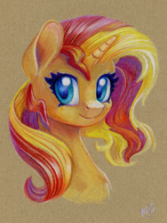 Size: 900x1200 | Tagged: safe, artist:maytee, imported from derpibooru, sunset shimmer, pony, unicorn, brown background, bust, colored pencil drawing, female, mare, portrait, simple background, solo, traditional art