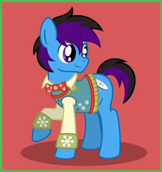 Size: 1872x1992 | Tagged: safe, artist:banquo0, imported from derpibooru, oc, oc only, oc:banquo, earth pony, pony, bowtie, clothes, earth pony oc, looking back, smiling, solo, sweater
