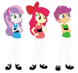 Size: 537x505 | Tagged: safe, artist:03daimond24, artist:selenaede, imported from derpibooru, apple bloom, scootaloo, sweetie belle, human, equestria girls, barely eqg related, base used, blossom (powerpuff girls), blue dress, bow, bubbles (powerpuff girls), buttercup (powerpuff girls), clothes, crossed arms, crossover, cutie mark crusaders, dress, green dress, hair bow, hand on hip, hands together, headband, leggings, pink dress, shoes, simple background, the powerpuff girls, white background
