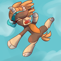 Size: 2000x2000 | Tagged: safe, artist:papacruda09, imported from derpibooru, shanty (tfh), goat, them's fightin' herds, cloud, cloven hooves, community related, eyes closed, falling, happy, open mouth, sky, solo