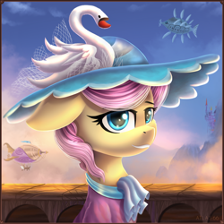 Size: 2000x2000 | Tagged: safe, artist:atlas-66, imported from derpibooru, swan song, pony, airship, canterlot, commission, equestria, hat, mountain, sky, solo, zeppelin