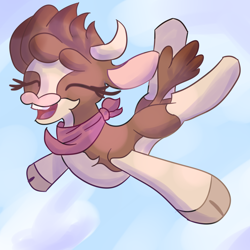 Size: 2000x2000 | Tagged: safe, artist:papacruda09, imported from derpibooru, cow, them's fightin' herds, arizona (tfh), bandana, cloud, cloven hooves, community related, falling, female, happy, open mouth, sky