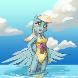 Size: 2400x2400 | Tagged: safe, artist:haku nichiya, imported from derpibooru, derpy hooves, anthro, pegasus, blushing, clothes, one-piece swimsuit, open mouth, open smile, smiling, solo, swimsuit