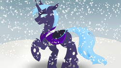 Size: 1920x1080 | Tagged: safe, artist:puginpocket, imported from derpibooru, oc, oc only, oc:nihea tamin, changeling, armor, blue mane, blue tail, changeling oc, folded wings, male, smiling, snow, snowfall, solo, tail, wings