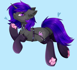 Size: 1033x942 | Tagged: safe, artist:freyamilk, imported from derpibooru, oc, oc only, oc:stellar blaze, pony, unicorn, black socks, blue background, butt, clothes, collar, commission, cyan background, female, garter belt, garters, mare, paw socks, plot, simple background, socks, solo, ych result