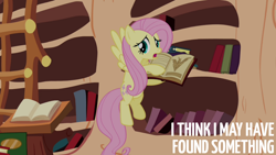 Size: 1280x720 | Tagged: safe, edit, edited screencap, editor:quoterific, imported from derpibooru, screencap, fluttershy, pegasus, pony, magic duel, season 3, alicorn amulet, book, female, flying, golden oaks library, mare, open mouth, solo, spread wings, talking, wings