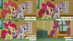 Size: 2000x1125 | Tagged: safe, edit, edited screencap, editor:quoterific, imported from derpibooru, screencap, apple bloom, scootaloo, sweetie belle, earth pony, pegasus, pony, unicorn, marks for effort, apple bloom's bow, bow, clubhouse, crusaders clubhouse, cutie mark crusaders, hair bow, trio