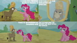 Size: 2000x1125 | Tagged: safe, edit, edited screencap, imported from derpibooru, screencap, cranky doodle donkey, pinkie pie, donkey, earth pony, pony, a friend in deed, season 2, bipedal, duo, duo male and female, eyebrows, female, frown, grin, male, mare, mirror, reflection, sitting, smiling, wig