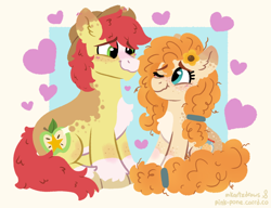 Size: 1500x1150 | Tagged: safe, artist:mkartzdraws, artist:pink-pone, imported from derpibooru, bright mac, pear butter, earth pony, pony, brightbutter, collaboration, couple, duo, duo male and female, eye contact, eyebrows, eyebrows visible through hair, female, floating heart, flower, flower in hair, hat, heart, husband and wife, looking at each other, looking at someone, male, mare, one eye closed, shipping, signature, sitting, smiling, smiling at each other, stallion, straight