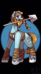 Size: 576x1024 | Tagged: safe, artist:aca-4, imported from derpibooru, rockhoof, earth pony, pony, abstract background, dark background, male, mouth hold, shovel, slim, solo, stallion