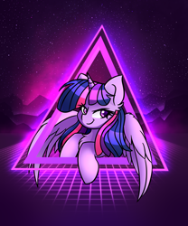 Size: 1500x1800 | Tagged: safe, artist:rejiser, imported from derpibooru, twilight sparkle, alicorn, pony, black background, female, looking at you, mare, neon, retrowave, simple background, smiling, smiling at you, smug, solo, synthwave, triangle, twilight sparkle (alicorn)