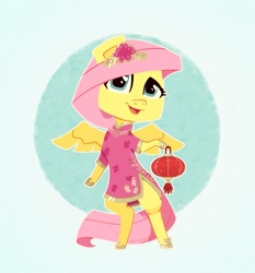 Size: 781x838 | Tagged: safe, artist:cerchioneros, imported from derpibooru, fluttershy, pegasus, semi-anthro, cheongsam, chinese new year, clothes, dress, hair accessory, hoof hold, lantern, looking at you, lunar new year, paper lantern, smiling, smiling at you, solo