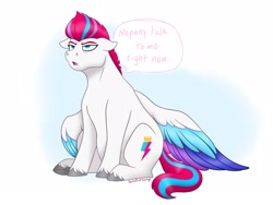 Size: 3168x2387 | Tagged: safe, artist:bella-pink-savage, imported from derpibooru, zipp storm, pegasus, pony, blue background, chonk, chubby, female, floppy ears, frown, g5, gradient background, mare, moody, morning ponies, simple background, sitting, solo, speech bubble, sternocleidomastoid, unamused, white background, zipp storm is not amused