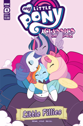 Size: 2063x3131 | Tagged: safe, idw, imported from derpibooru, fluttershy, rainbow dash, rarity, twilight sparkle, alicorn, pegasus, pony, unicorn, clothes, comic cover, dress, eyes closed, female, hug, little women, mare, my little pony classics reimagined: little fillies, official, official comic, ribbon, simple background, smiling, twilight sparkle (alicorn)