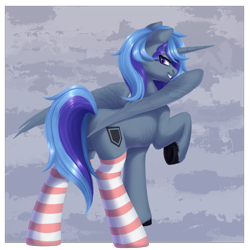 Size: 2000x2000 | Tagged: safe, artist:nika-rain, imported from derpibooru, oc, oc only, oc:shimmer shield, alicorn, pony, butt, clothes, male, plot, socks, solo, stockings, striped socks, thigh highs