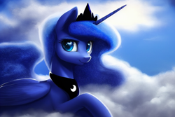 Size: 1920x1280 | Tagged: safe, derpibooru exclusive, editor:dovakkins, imported from derpibooru, princess luna, alicorn, pony, ai content, ai generated, beautiful, cloud, crown, ethereal mane, ethereal tail, female, folded wings, generator:stable diffusion, jewelry, looking at you, lying down, lying on a cloud, mare, on a cloud, peytral, regalia, scenery, smiling, smiling at you, solo, tail, wings