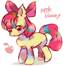 Size: 600x600 | Tagged: safe, artist:tsukuda, imported from derpibooru, apple bloom, earth pony, pony, apple, apple bloom's bow, bow, chest fluff, female, filly, foal, food, hair bow, simple background, solo, text, white background