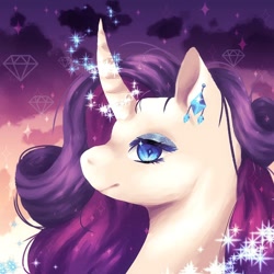 Size: 1024x1024 | Tagged: safe, artist:brot-art, imported from derpibooru, rarity, pony, unicorn, curved horn, cute, ear piercing, earring, eyeshadow, female, glowing, glowing horn, horn, jewelry, lineless, magic, makeup, mare, piercing, raribetes, solo, sparkles