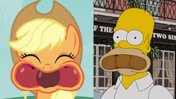 Size: 1280x720 | Tagged: safe, edit, imported from derpibooru, screencap, applejack, earth pony, human, pony, apple family reunion, apple, comparison, food, food in mouth, homer simpson, meme, that's my pony, that's my x, the simpsons