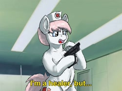 Size: 2244x1675 | Tagged: source needed, safe, artist:reddthebat, imported from twibooru, nurse redheart, semi-anthro, belly, belly button, female, gun, handgun, image, needs more jpeg, pistol, solo, weapon