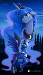 Size: 1451x2539 | Tagged: safe, artist:caddea, deleted from derpibooru, imported from derpibooru, nightmare moon, princess luna, alicorn, pony, armor, banned from derpibooru, blue eyes, blue mane, cloud, colored pupils, crown, crying, digital art, ethereal mane, eyelashes, eyeshadow, female, flowing mane, flowing tail, forest, glow, glowing eyes, horn, jewelry, lake, makeup, mare, night, peytral, raised hoof, regalia, sky, solo, spread wings, starry mane, stars, tail, teary eyes, water, wing armor, wings