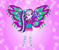 Size: 843x722 | Tagged: safe, artist:loladreamteam, artist:selenaede, artist:user15432, imported from derpibooru, starlight glimmer, fairy, human, equestria girls, alternate hairstyle, barefoot, barely eqg related, base used, clothes, colored wings, crossover, enchantix, fairy wings, fairyized, feet, gloves, gradient wings, hand on hip, long hair, ponytail, purple background, purple dress, purple wings, simple background, smiling, sparkly background, wings, winx, winx club, winxified