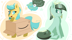 Size: 3840x2160 | Tagged: safe, artist:realdysmal, oc, oc only, oc:boxfilly, oc:herbal remedy, pegasus, pony, unicorn, amazon box, box, eyebrows, eyebrows visible through hair, female, filly, horn, mare, open mouth, open smile, pegasus oc, secret santa, simple background, sitting, standing, stars, text, unicorn oc, white background, wings