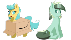 Size: 3840x2160 | Tagged: safe, alternate version, artist:realdysmal, oc, oc only, oc:boxfilly, oc:herbal remedy, pegasus, pony, unicorn, amazon box, box, eyebrows, eyebrows visible through hair, female, filly, horn, mare, open mouth, open smile, pegasus oc, secret santa, simple background, sitting, standing, transparent background, unicorn oc, wings