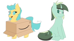 Size: 3840x2160 | Tagged: safe, alternate version, artist:realdysmal, oc, oc only, oc:boxfilly, oc:herbal remedy, pegasus, pony, unicorn, amazon box, box, colored, eyebrows, eyebrows visible through hair, female, filly, flat colors, horn, mare, open mouth, open smile, pegasus oc, secret santa, simple background, sitting, standing, transparent background, unicorn oc, wings