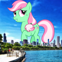 Size: 2766x2766 | Tagged: safe, artist:cheezedoodle96, artist:jaredking779, edit, imported from derpibooru, minty, earth pony, pony, background pony, chicago, female, freckles, giant pony, giant/macro earth pony, giantess, high res, highrise ponies, illinois, irl, macro, mare, mega giant, photo, ponies in real life, recolor, smiling, solo