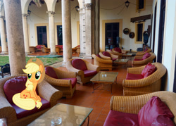 Size: 2048x1463 | Tagged: safe, artist:jaredking779, artist:tardifice, edit, imported from derpibooru, applejack, earth pony, pony, cowboy hat, cuba, female, hat, havana, irl, mare, photo, ponies in real life, sitting, solo, stetson