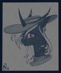 Size: 1000x1200 | Tagged: safe, artist:stray prey, imported from derpibooru, oc, oc only, oc:sinfonie, original species, pony, bust, clothes, ear piercing, earring, glasses, hat, jewelry, longmoran, piercing, solo