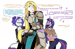 Size: 2043x1333 | Tagged: safe, artist:redxbacon, imported from derpibooru, rarity, twilight sparkle, oc, oc:candid, anthro, horse, unicorn, armor, blonde mane, book, chestplate, clothes, denim, dialogue, ear piercing, earring, facial markings, facial scar, female, hair bun, jeans, jewelry, leonine tail, mare, nervous, pants, piercing, scar, simple background, speech bubble, tail, text, trio, unicorn twilight, white background