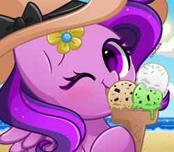 Size: 800x700 | Tagged: safe, artist:kittyrosie, imported from derpibooru, oc, oc only, pegasus, pony, beach, commission, eating, food, hat, ice cream, ice cream cone, one eye closed, pegasus oc, solo