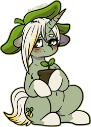 Size: 1281x1784 | Tagged: safe, artist:sexygoatgod, imported from derpibooru, oc, oc only, oc:valley lily, pony, unicorn, adoptable, auction, blushing, female, floppy ears, hat, looking away, plant, shy, simple background, solo, transparent background