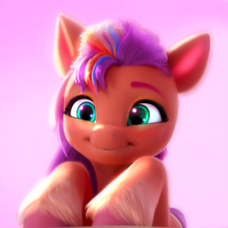 Size: 1653x1653 | Tagged: safe, edit, edited screencap, editor:xbi, imported from derpibooru, screencap, sunny starscout, earth pony, pony, coat markings, cute, depth of field, female, g5, gradient background, gradient hooves, green eyes, hoof fluff, lighting, looking forward, mare, pink background, shading, simple background, smiling, socks (coat markings), solo, sunnybetes, unshorn fetlocks, weapons-grade cute