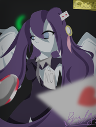 Size: 768x1024 | Tagged: safe, artist:bridge, artist:bridge ngm, imported from derpibooru, oc, oc only, pegasus, semi-anthro, :i, autograph, blue eyes, bowtie, casino, clothes, dealer, eye clipping through hair, eyebrows, grayscale, long hair, long mane, monochrome, paper, solo, spread wings, standing, wings