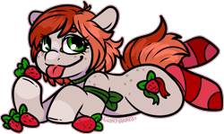 Size: 1756x1044 | Tagged: safe, artist:sexygoatgod, imported from derpibooru, oc, oc only, oc:strawberry ribbons, earth pony, pony, :p, adoptable, auction, clothes, female, food, herbivore, ribbon, simple background, smiling, socks, solo, stockings, strawberry, striped socks, thigh highs, tongue out, transparent background