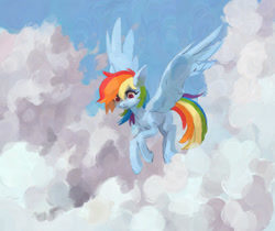 Size: 1250x1052 | Tagged: safe, artist:koviry, imported from derpibooru, rainbow dash, pegasus, pony, cloud, female, flying, looking down, mare, redraw, sky, solo