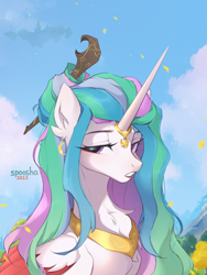 Size: 2400x3200 | Tagged: safe, artist:spoosha, imported from derpibooru, princess celestia, alicorn, pony, alternate hairstyle, chest fluff, cloud, colored wings, female, high res, horn, horn ring, jewelry, mare, regalia, ring, sky, solo, wings