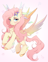 Size: 1870x2400 | Tagged: safe, artist:spoosha, imported from derpibooru, fluttershy, pegasus, pony, cute, flower, flower in hair, fluffy, leg fluff, multiple wings, shyabetes, solo, wings